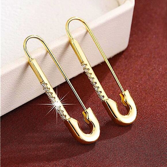 Gold Plated Zircon Safety Pin Earrings, Minimalist, Punk, Gift For Teenager - Picture 1 of 9
